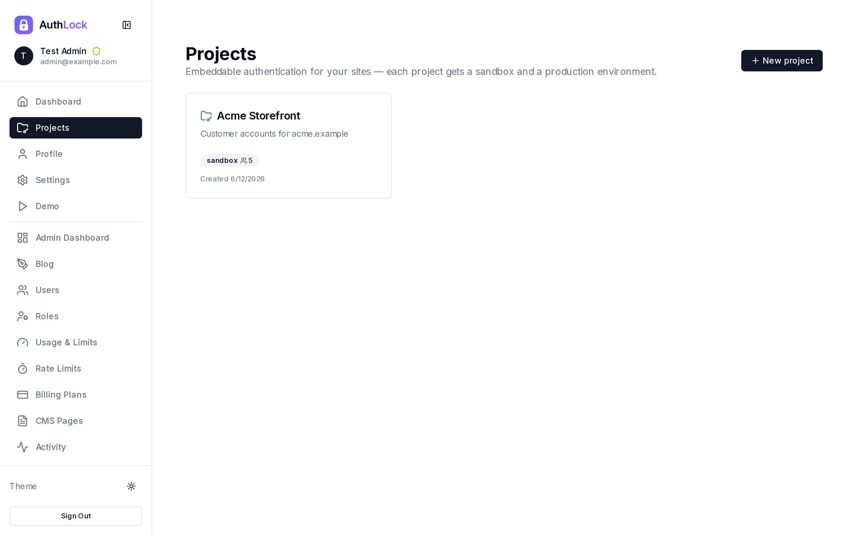 AuthLock dashboard showing a project