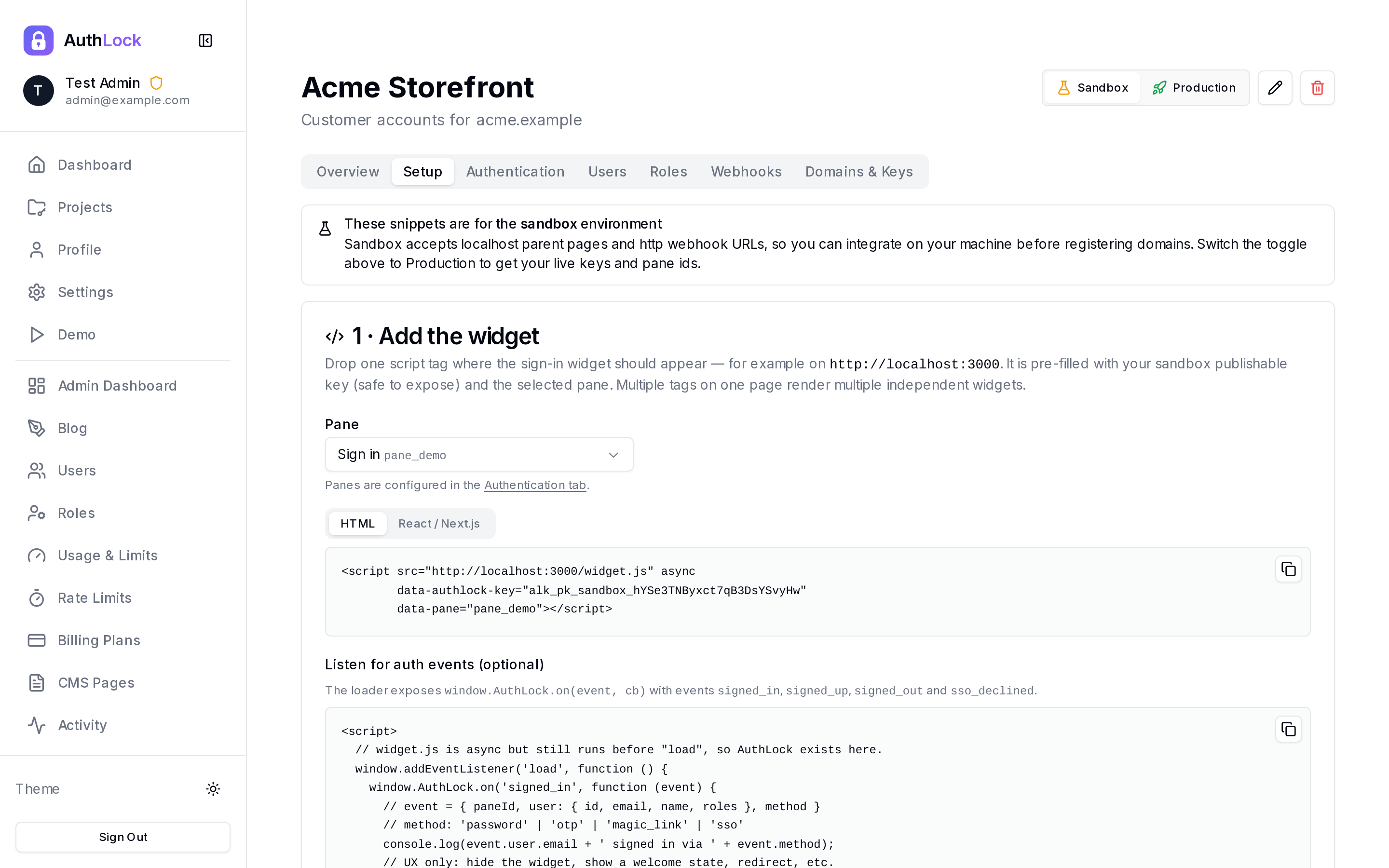 The AuthLock setup tab with copy-paste integration snippets